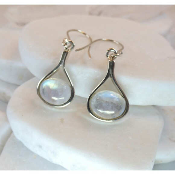 Sterling Silver & AAA Rainbow Moonstone Earrings Modernist Glowing - Picture 5 of 8